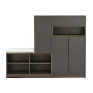 2-in-1 43.4 in. H x 55.1 in. W Gray Wood Shoe Storage Bench and Shoe Cabinets with Padded Seat with Adjustable Shelves