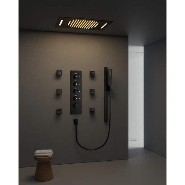 Thermostatic 15-Spray Ceiling Mount 23 x 15 in. Rectangle LED Mood Lighting Shower System with Valve in Matte Black