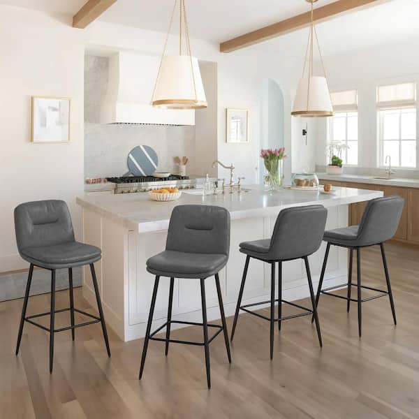 LUE BONA 26 in. Modern Metal Frame Gray Faux Leather Upholstered Barstools with Footrest (Set of 4)
