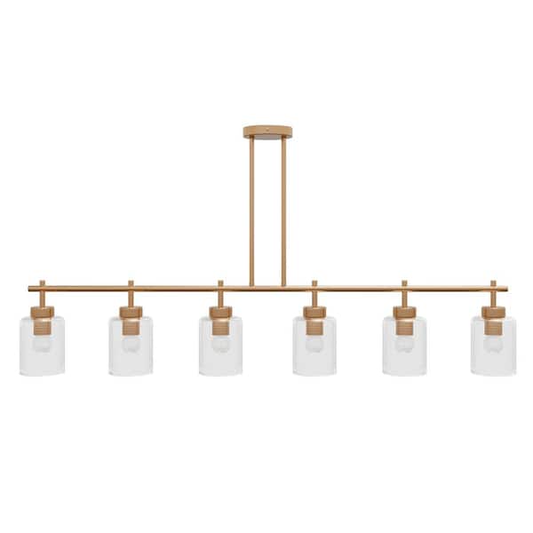 Kitchen Island 47.24 in. 6-Light Gold Chandelier Modern Linear Hanging Lighting with Clear Glass Shades