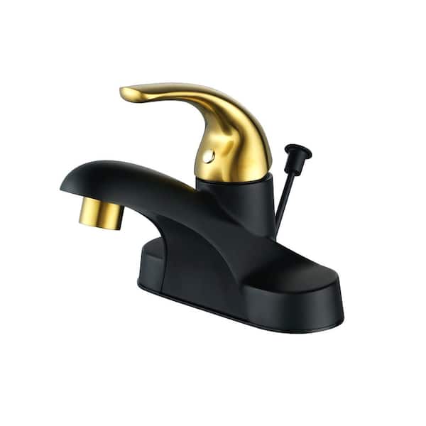 ALEASHA 4 in. Centerset Single-Handle Mid Arc Bathroom Sink Faucet with Drain Kit Included in Gold and Black