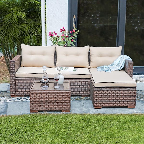 Freestyle Joivi Brown 3 Pieces Wicker Outdoor Sectional Set with