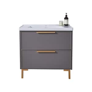 32 in. W x 18 in. D x 30 in. H Modern Bathroom Vanitue in Gray Khaki with White Ceramic Sink Top