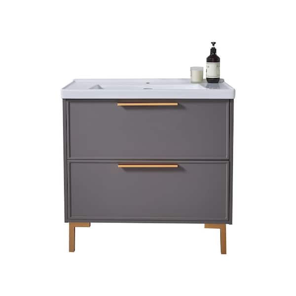 VAPSINT 32 in. W x 18 in. D x 30 in. H Modern Bathroom Vanitue in Gray Khaki with White Ceramic Sink Top