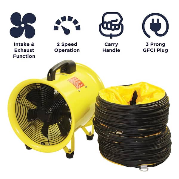 8 in. 2 Speed High-Velocity Portable Confined Space Ventilator with Hose