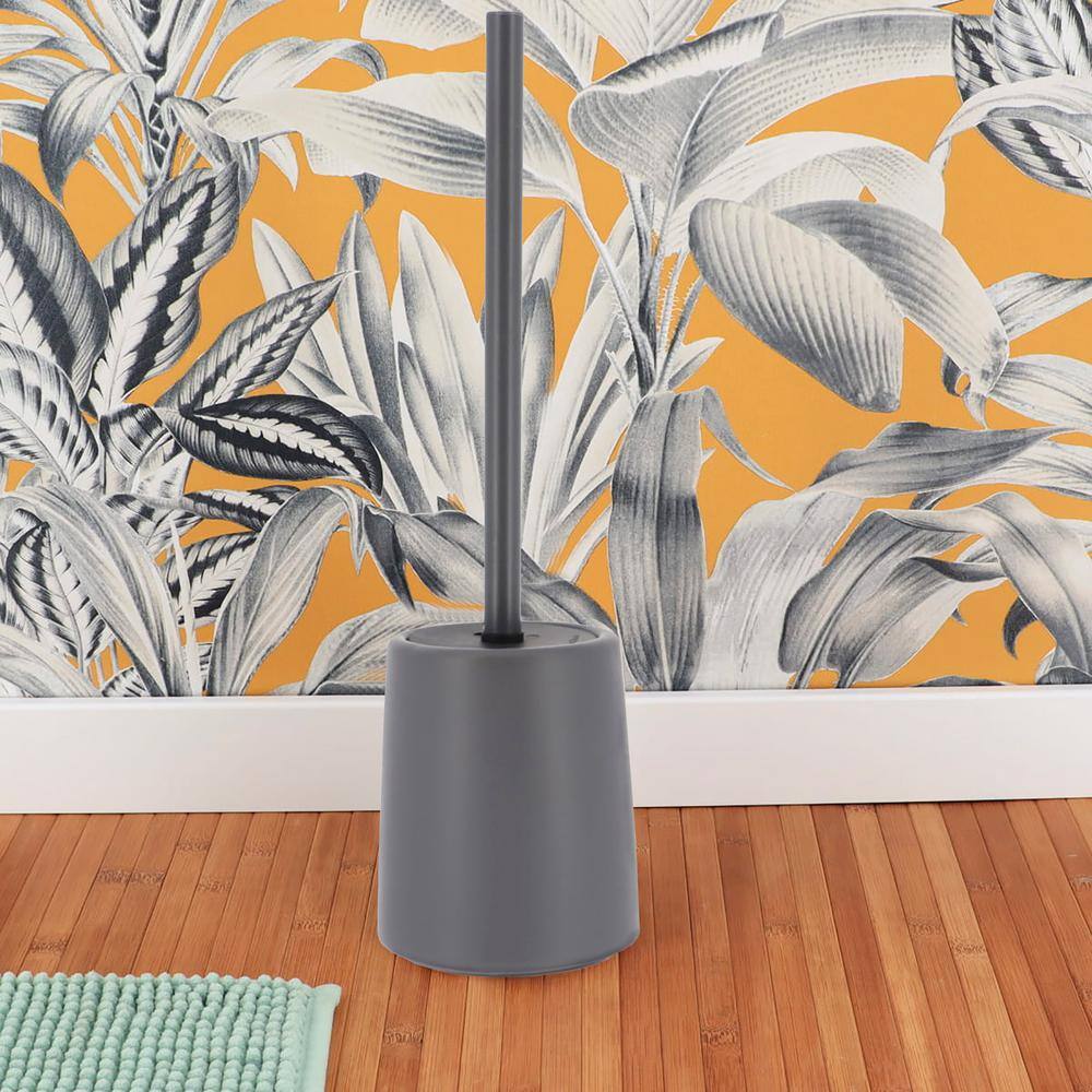 Gray Stoneware Toilet Brush and Holder with Metallic Handle