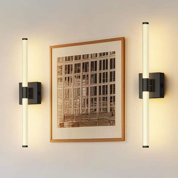YANSUN 24 in. Black LED Wall Sconce Set of 2, Modern Rechargeable Vanity Light for Bathroom and Bedroom