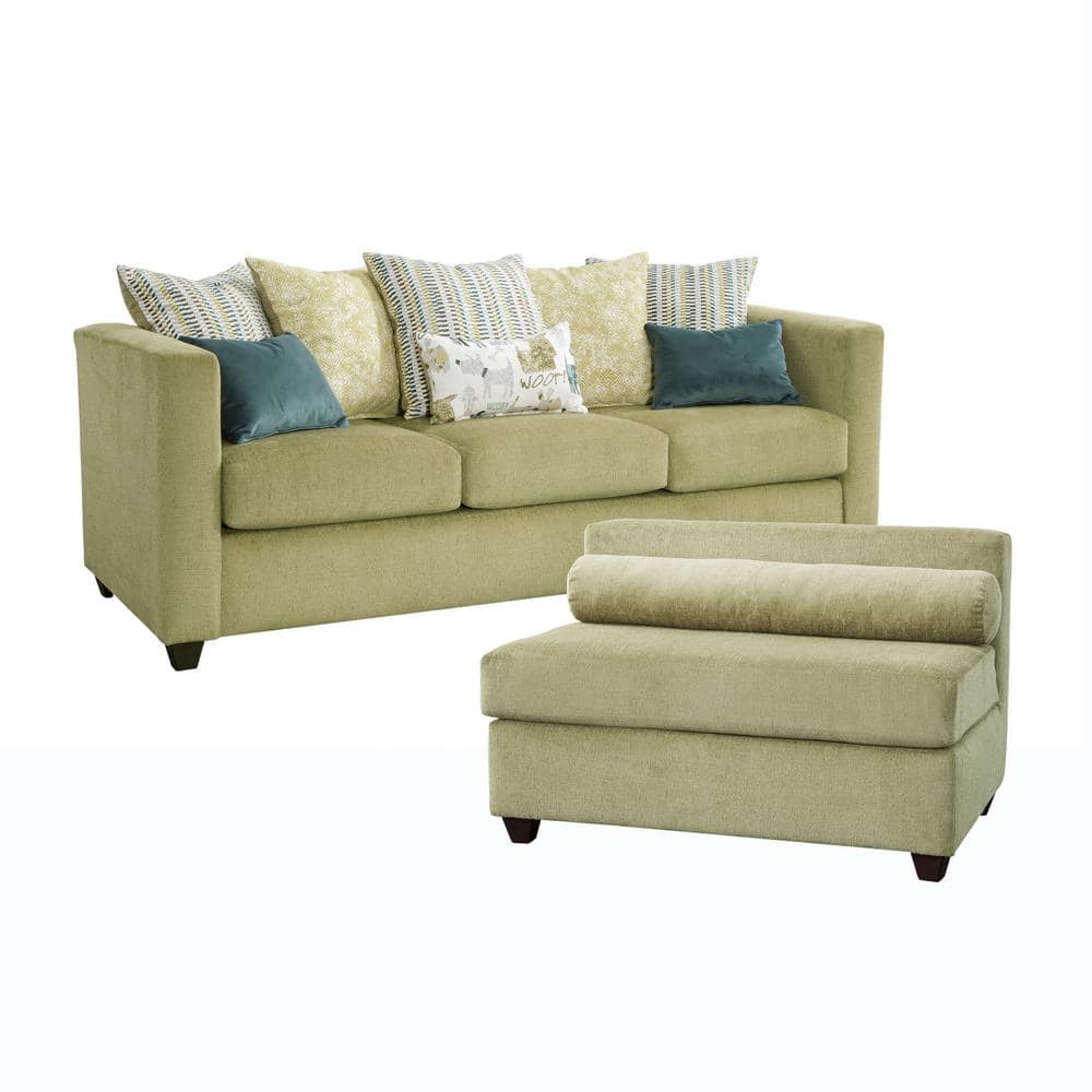 Fern Green Chenille Fabric 2-Piece Sectional Sofa with Throw Pillows