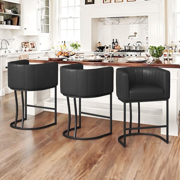 Siska 26 in.Modern Black Faux Leather Upholstered Counter Stool with Black Metal Frame Barrel Counter Bar Stool Set of 3