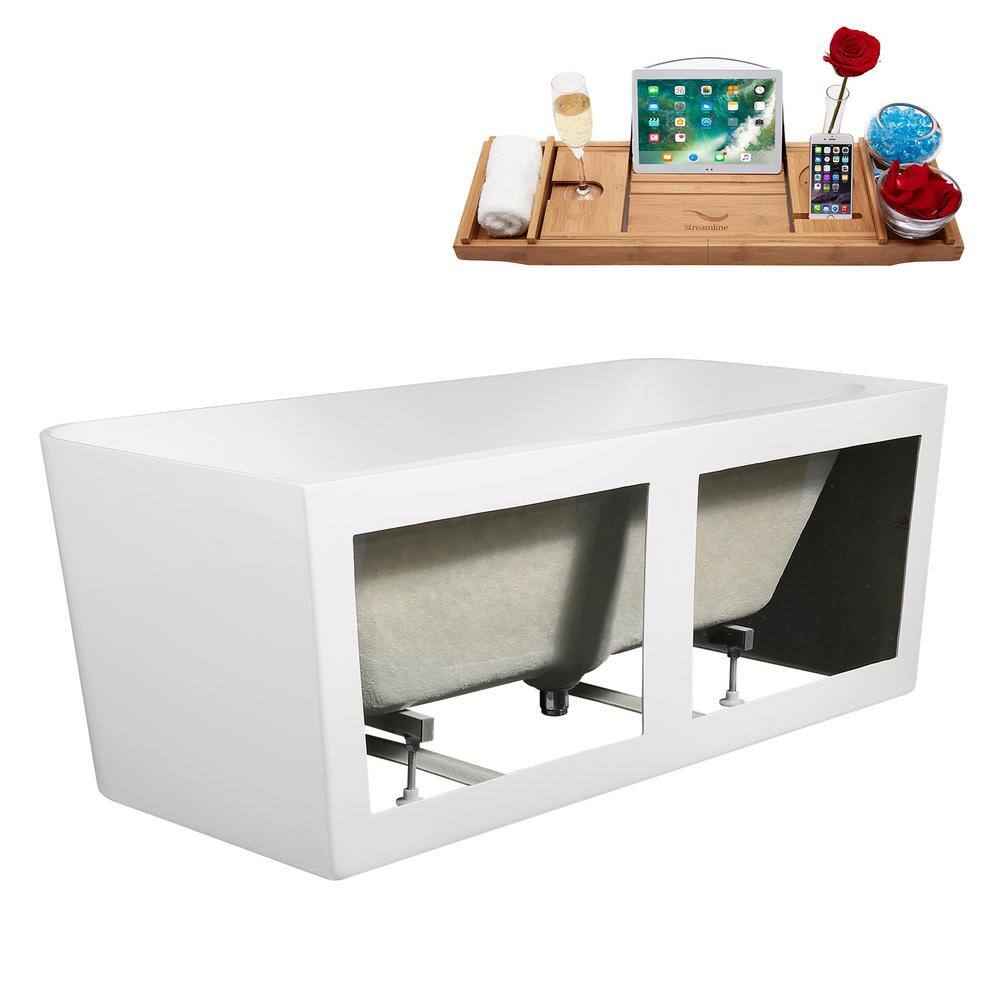 55" Glossy White Acrylic Freestanding Soaking Bathtub with Bamboo Tray
