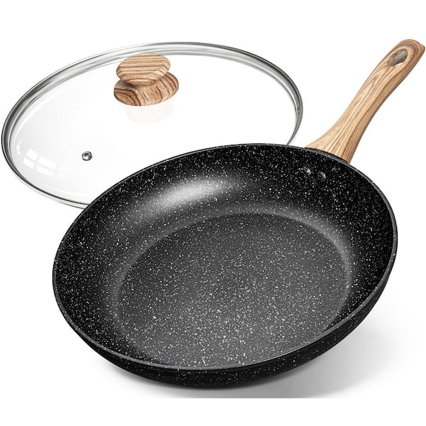 12 in. Black Granite Aluminum Omelette Pan with Glass Lid, Stone Fry Pan with Ergonomic Handle, Induction Compatible