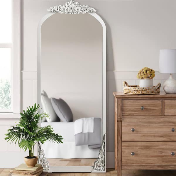 White 28 in. W x 67 in. H Classic Arch-Top Wood Framed Full-Length Floor Mirror