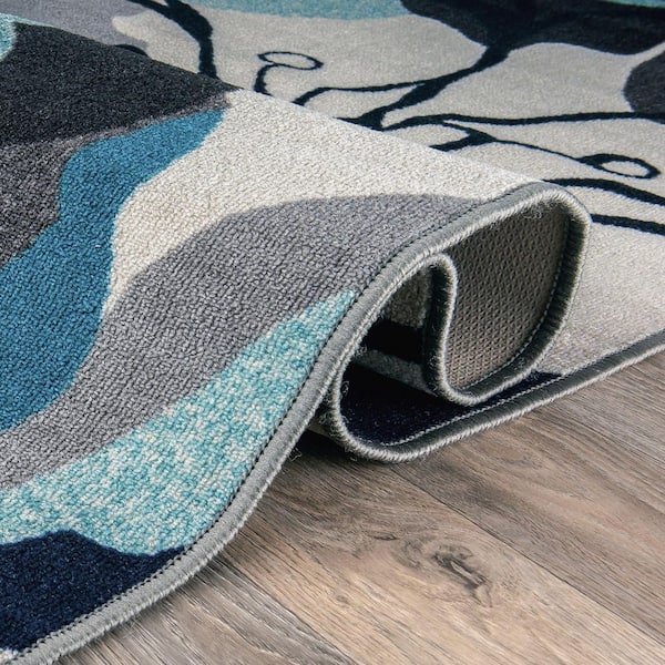 Contemporary Large Floral Non-Slip (Non-Skid) Gray 4 ft.  x 6 ft.  Indoor Area Rug