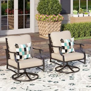Black Metal Meshed Frame Outdoor Patio Swivel Lounge Chairs with Beige Cushions(2-Pack)