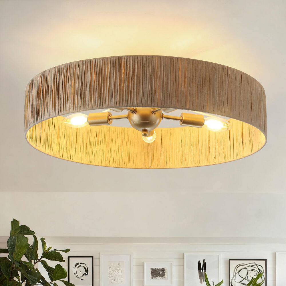 21.65 in. 5-Light Gold Drum Semi Flush Mount Ceiling Light with Hand-woven Raffia Grass Shade price history on PriceWatchPro