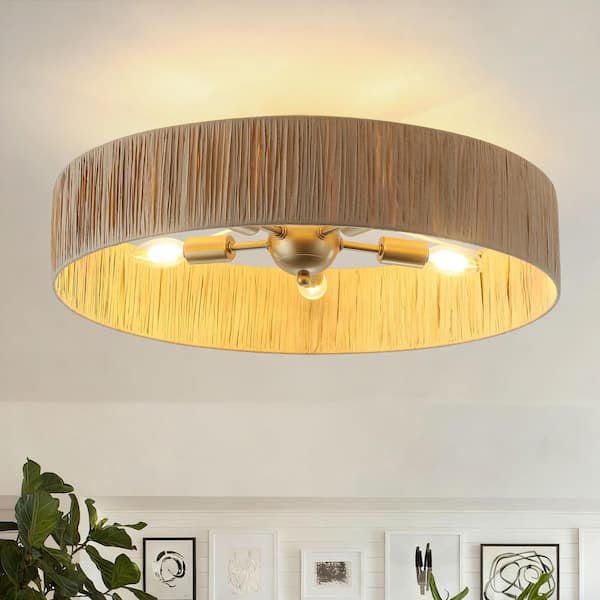 21.65 in. 5-Light Gold Drum Semi Flush Mount Ceiling Light with Hand-woven Raffia Grass Shade