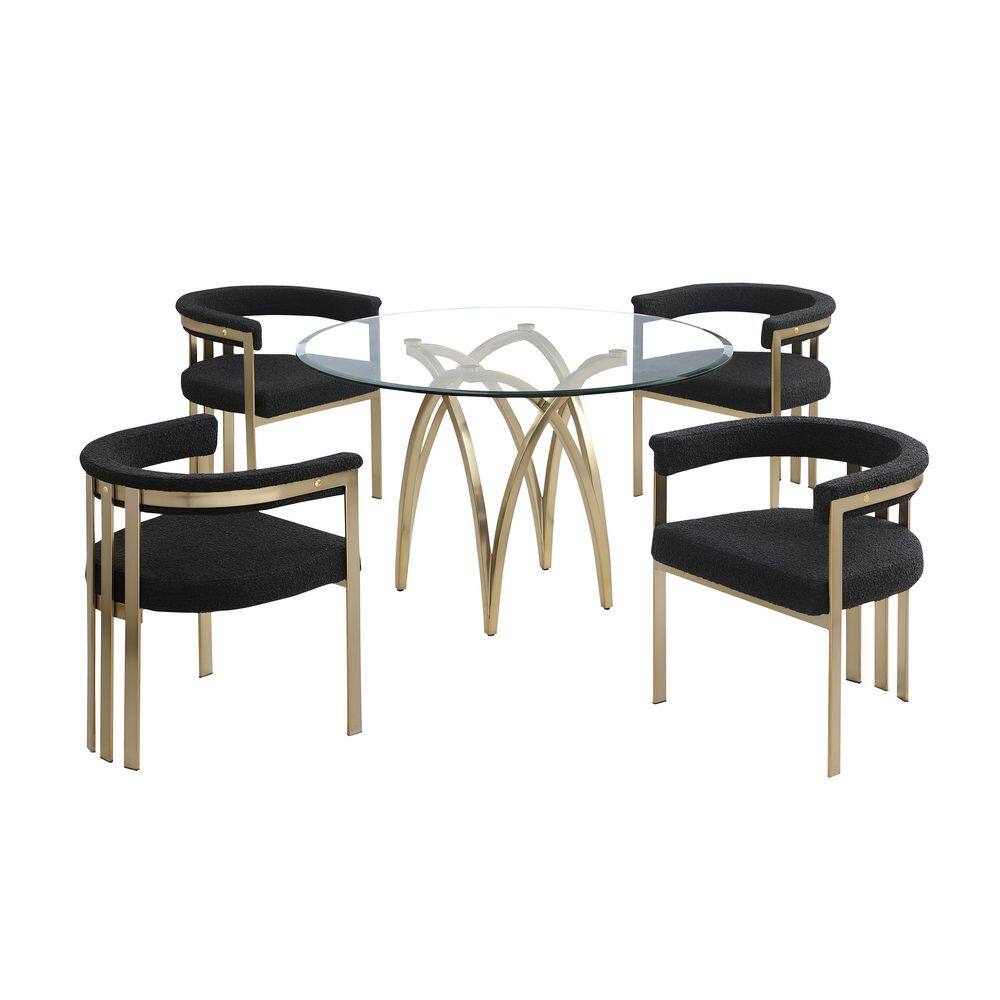 Bayton 5-Piece Clear Tempered Glass Top Brushed Matte Gold Chrome-Plated Base Dining Set With 4 Black Boucle Chairs price history on PriceWatchPro