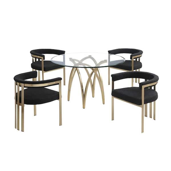 Best Quality Furniture Bayton 5-Piece Clear Tempered Glass Top Brushed Matte Gold Chrome-Plated Base Dining Set With 4 Black Boucle Chairs