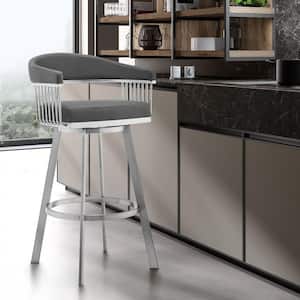 Bronson 26 in. Low Back Gray Faux Leather and Brushed Stainless Steel Swivel Bar Stool