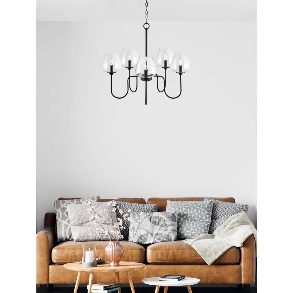 Black 5-Light Modern Chandelier with Clear Glass Shades