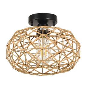 11.8 in. Brown 1-Light Hand Woven Rattan Semi-Flush Mount Light with Dimmable LED Bulb