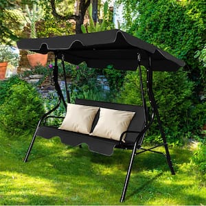 3-Person Steel Frame Patio Canopy Swing Hammock with Black Cushion