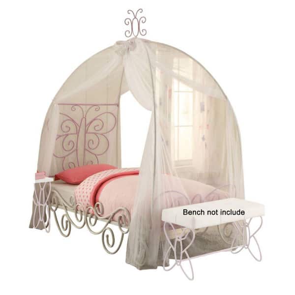 Benjara White and Purple Metal Frame FullPlatform Bed with Canopy