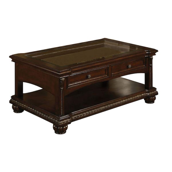 Benjara 50 in. Dark Cherry Brown Rectangle Glass Top Coffee Table with 2-Drawers