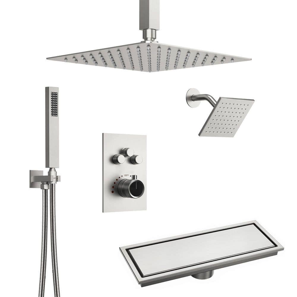 Triple Handles 7-Spray Multiple Press 12 in. Shower Faucet 2.5 GPM with Anti Scald in Brushed Nickel with Shower Drain price history on PriceWatchPro