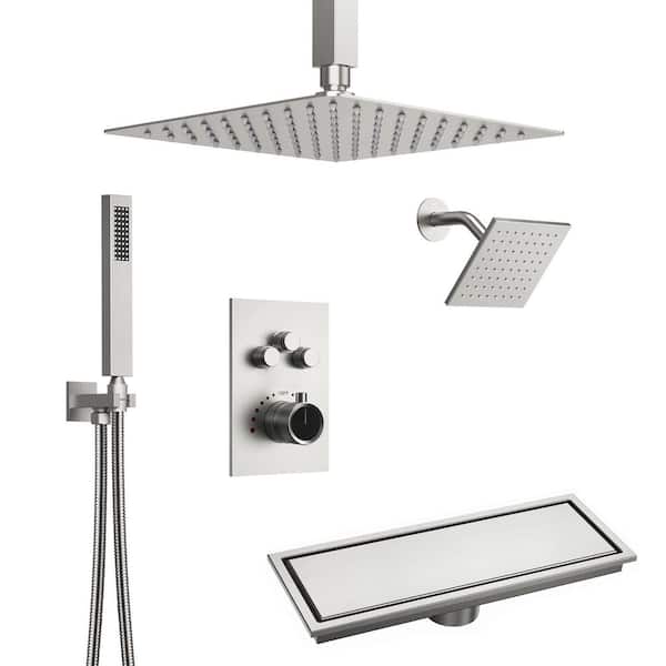 Triple Handles 7-Spray Multiple Press 12 in. Shower Faucet 2.5 GPM with Anti Scald in Brushed Nickel with Shower Drain
