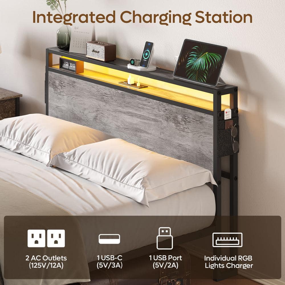 Bestier Queen Size Metal Frame Bed with LED Headboard and Storage
