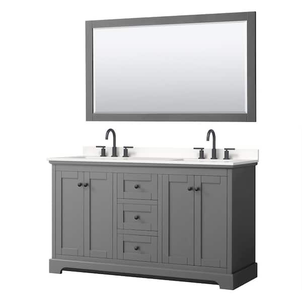 Wyndham Collection Avery 60 in. W x 22 in. D x 35 in. H Double Bath Vanity in Dark Gray with White Quartz Top and 58 in. Mirror