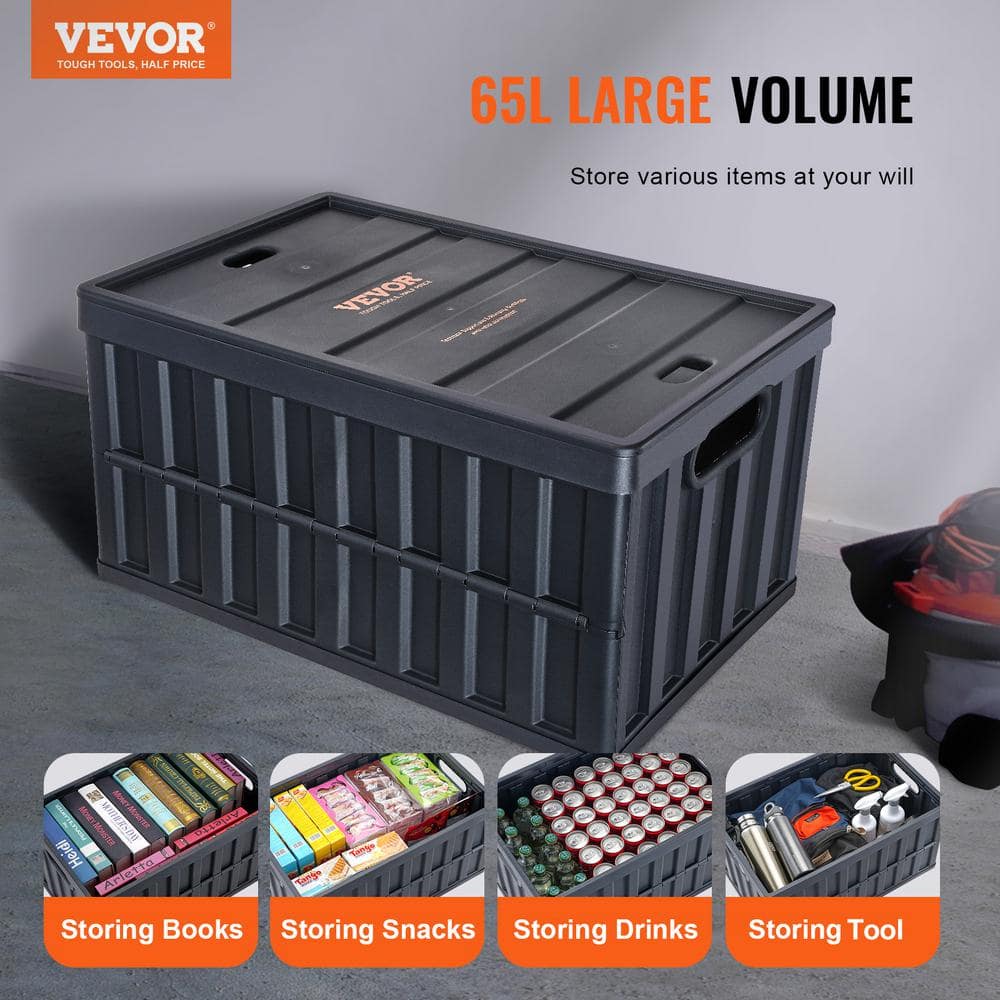 Black 65L Collapsible Plastic Storage Bins with Lids, Set of 3