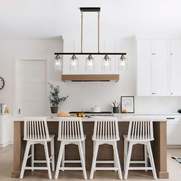Sierra 5-Light 33.7 in. W Matte Black Chandelier Transitional Bell Pendant with Brass Accents and Pressure Ribbed Glass