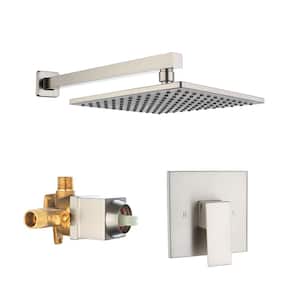 1-Spray Patterns with 1.28 GPM 10 in. Wall Mount Rain Fixed Shower Head with Valve and Shower Arm in Brushed Nickel