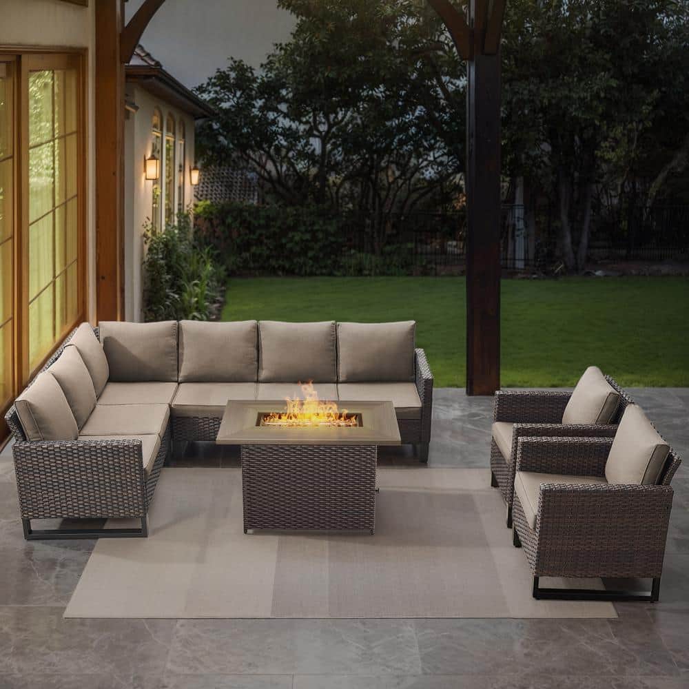 U-Weave 6-Piece Brown Wicker Outdoor Rectangular Fire Pit Conversation Set with Gray Cushions and Sectional Sofa price history on PriceWatchPro