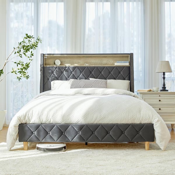 Candido Dark Gray 62 in. Upholstered Wood Frame Queen Panel Bed Charging Stations and Integrate Motion-Sensor Lights