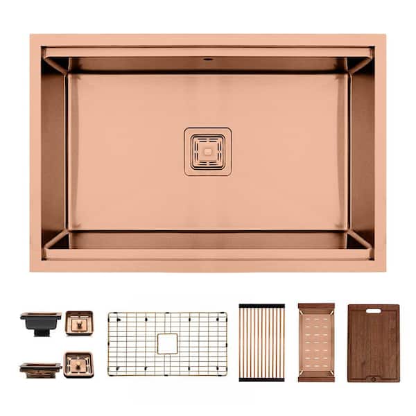 30 in. Undermount Single Bowl 16 Gauge Copper Stainless Steel Workstation Kitchen Sink with Accessories