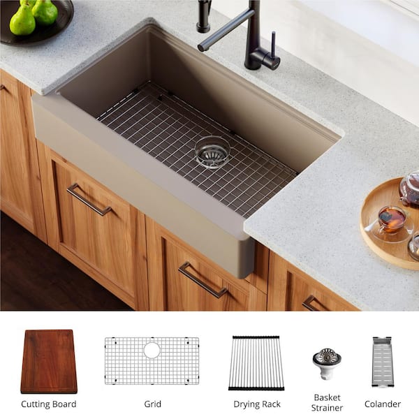 QARWS- 740 Quartz/Granite 34 in. Single Bowl Retrofit Farmhouse Apron Front Workstation Kitchen Sink in Concrete