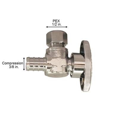 1/2 in. PEX Barb x 3/8 in. Compression Brass Quarter-Turn Angle Stop Valve Jar, Chrome-Plated Pro Pack (20-Pack)