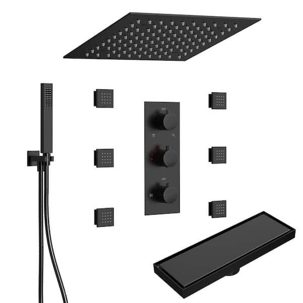 12 in. 5-Spray Ceiling Mount LED Dual Fixed and Handheld Shower Head with Shower Drain 2.5 GPM in Matte Black