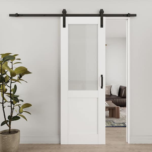 ARK DESIGN 28 in. x 80 in. 1/2 Lite Tempered Frosted Glass White Primed MDF Composite Sliding Barn Door with Hardware Kit