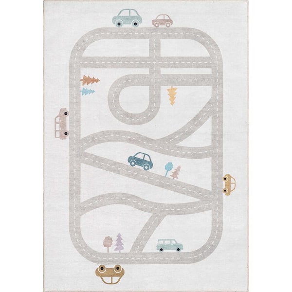 Playful Roads Modern Kids Grey 6 ft. x 9 ft. Machine Washable Flat-Weave Area Rug