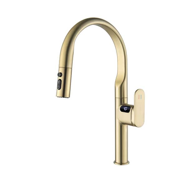 Single Handle 18 in. H Pull Down Sprayer Deck Mounted Kitchen Faucet 180° Spout Swivel in Brushed Gold