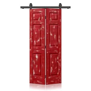 30 in. x 80 in. Vintage Red Stain 6 Panel MDF Composite Hollow Core Bi-Fold Barn Door with Sliding Hardware Kit