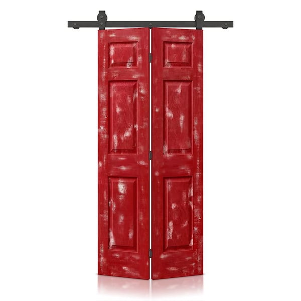 CALHOME 30 in. x 80 in. Vintage Red Stain 6 Panel MDF Composite Hollow Core Bi-Fold Barn Door with Sliding Hardware Kit