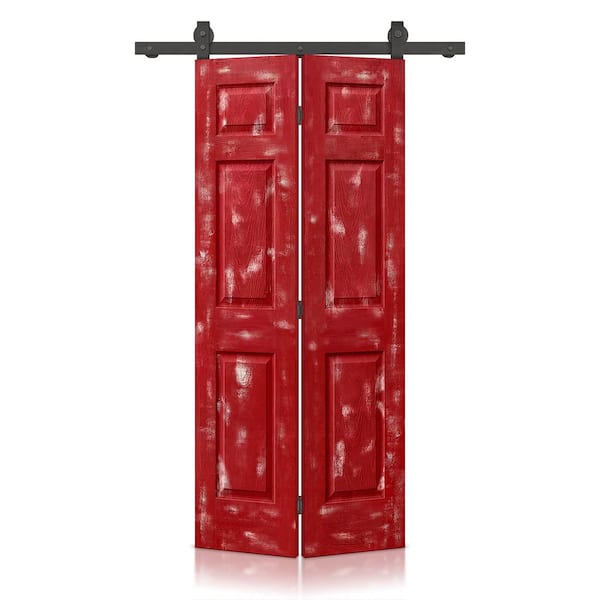 CALHOME 36 in. x 80 in. Vintage Red Stain 6 Panel MDF Composite Hollow Core Bi-Fold Barn Door with Sliding Hardware Kit