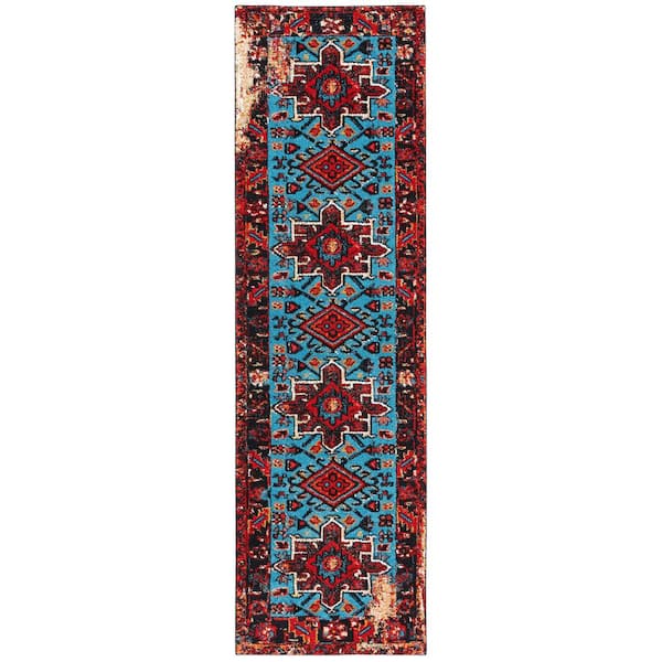Vintage Hamadan Red/Light Blue 2 ft. x 10 ft. Floral Border Runner Rug