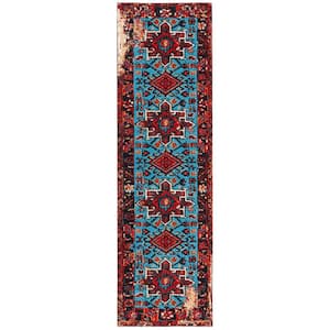 Vintage Hamadan Red/Light Blue 2 ft. x 6 ft. Floral Border Runner Rug