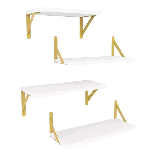 Angel Sar 4-Piece Different Sizes Wall Mounted Wood Floating Shelves for Home, White and Gold